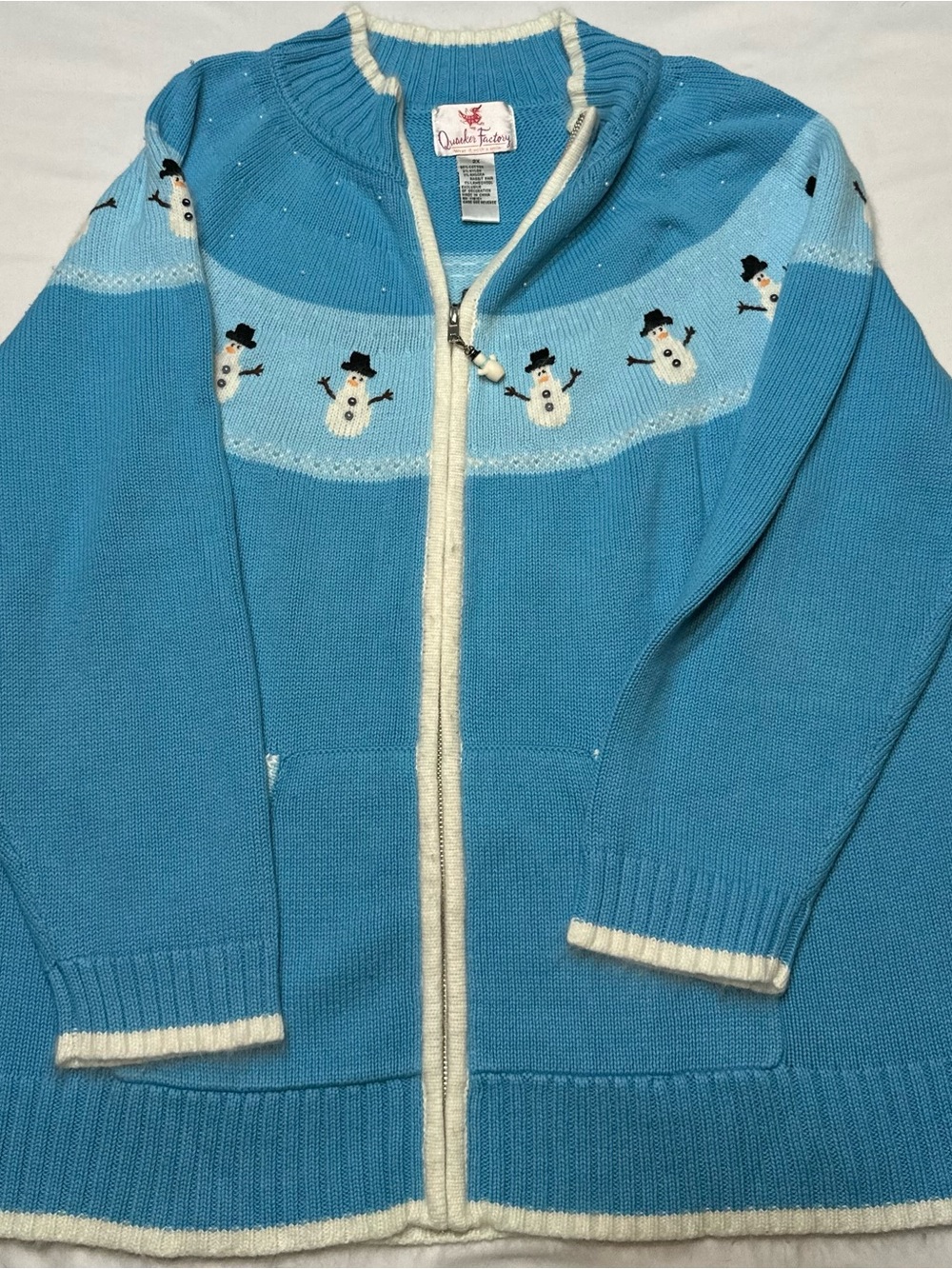 Quacker Factory 2X Blue Knit Full Zip Snowman Sweater Cardigan Plus Size